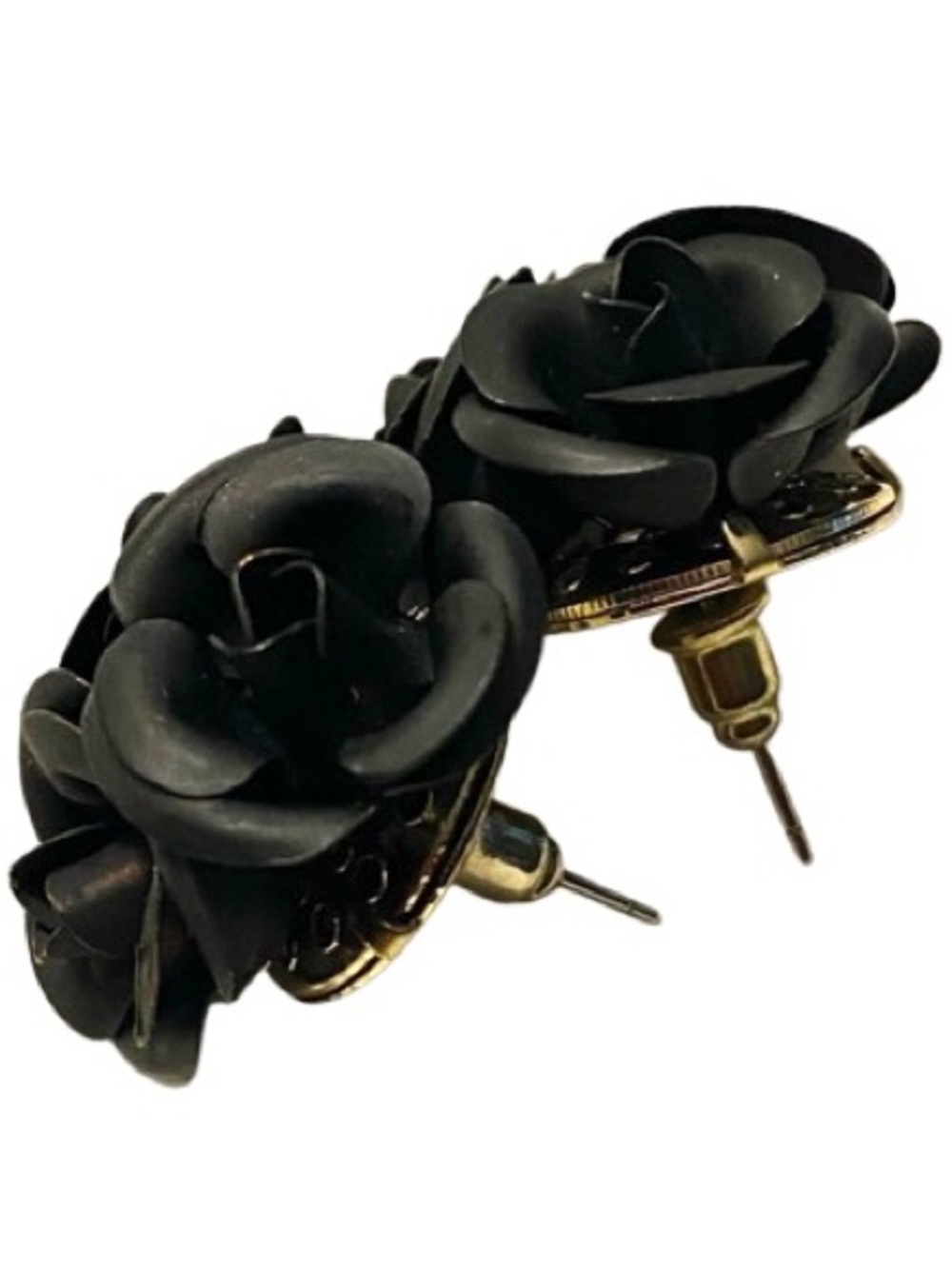 Black Rose Gold Metal Stud Pierced Earrings Rose’s Cluster Floral Goth Design